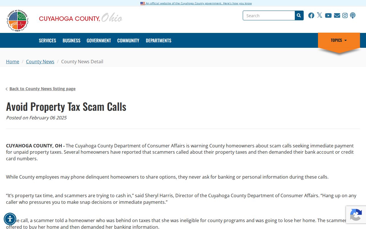 Solon neighbors Cuyahoga County property-tax scam warning